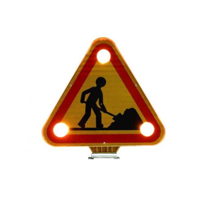 Triunghi luminos LED cu avertizare lucrari trafic ridicare manuala si montaj cu suruburi